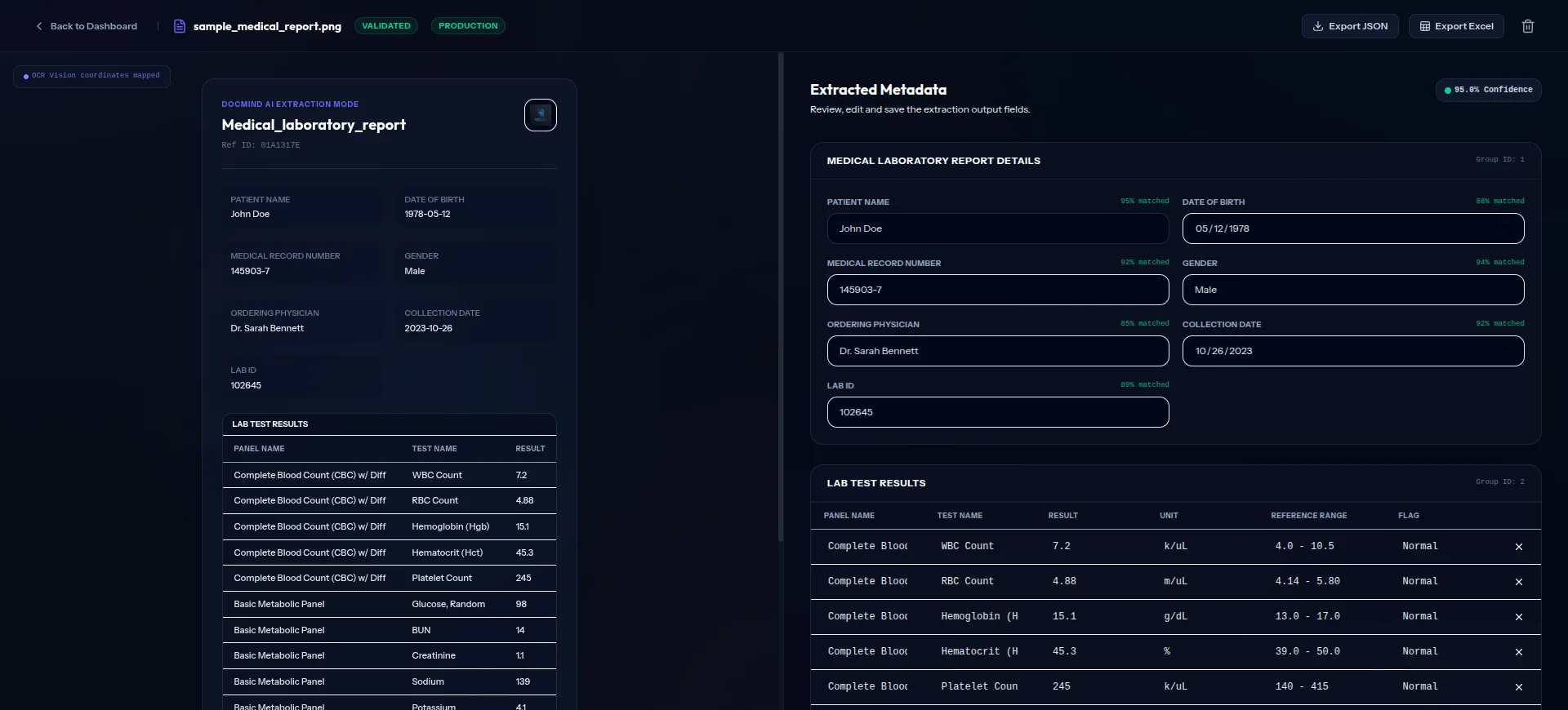 DocMind AI medical lab report extraction and review screen