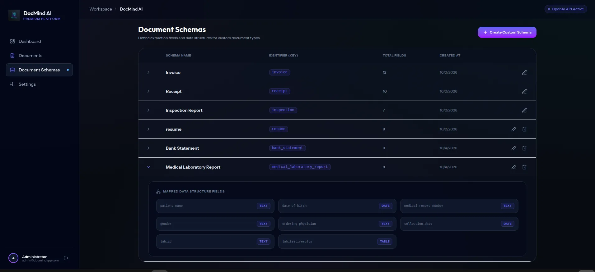 DocMind AI schema builder for structured data extraction